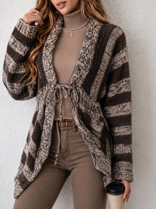 Forever 21 Sweaters - Y2K Chunky Knit Boho Cardigan Brown Striped Braided Tie Front S/M